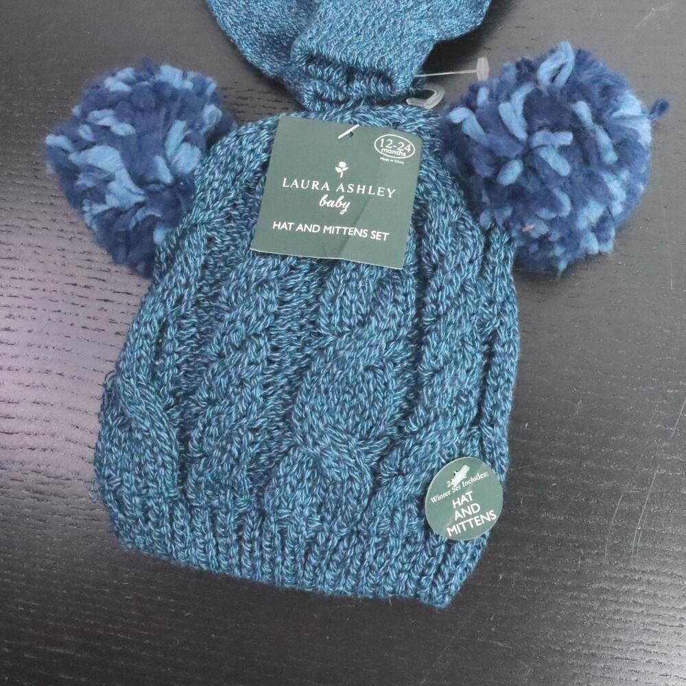 Laura Ashley Baby 12–24M Blue Knit Pom Pom Hat Mittens Set New Defects - Picture 2 of 6